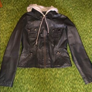 Blue leather leather jacket with sweatshirt hood